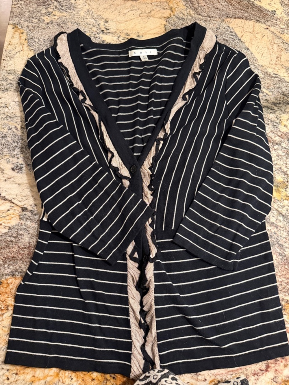 CAbi Black & Cream Striped Cardigan with Ruffle Trim